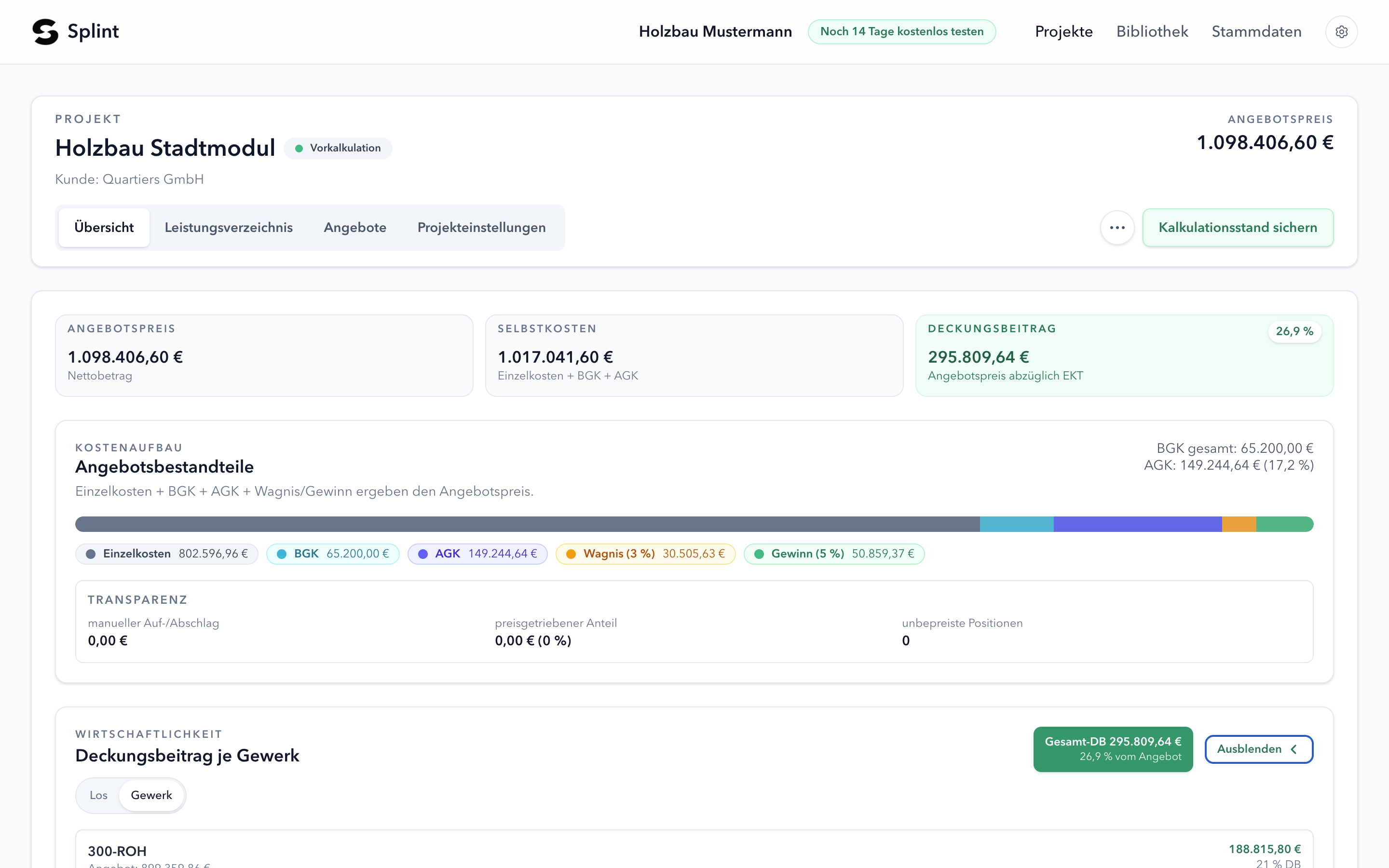 Splint Dashboard mit Kalkulation und Margenübersicht
